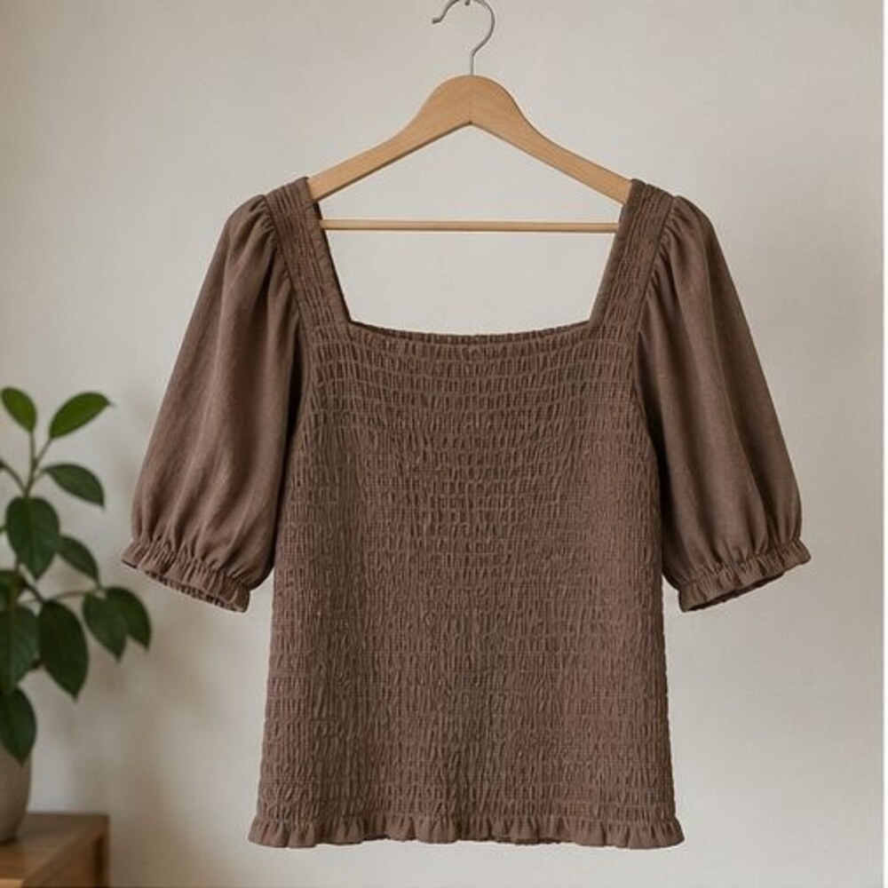 Mocha Smocked Puff Sleeve Top